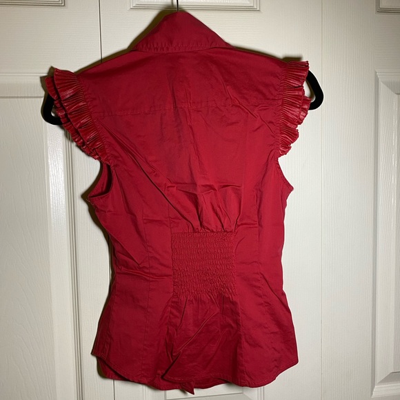 Bebe - Ruffled Sleeveless Fitted Button Down Top - Picture 2 of 5